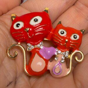 Cat Brooch Red Enamel Rhinestone Duo Kitty Statement Pin – 2”